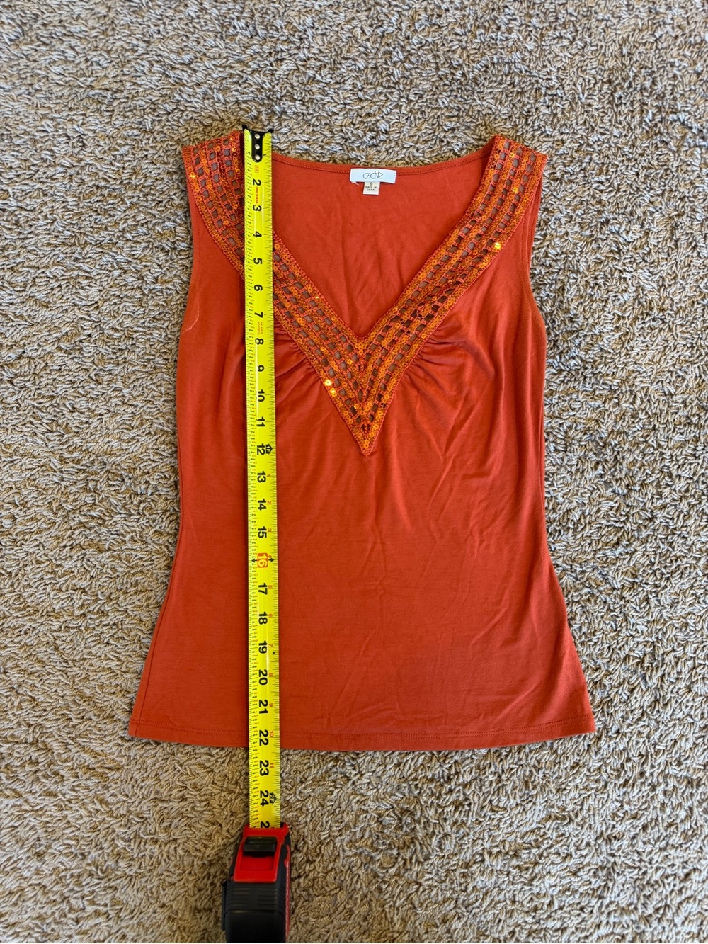 Cache Burnt Orange V-Neck Embellished Tank Top